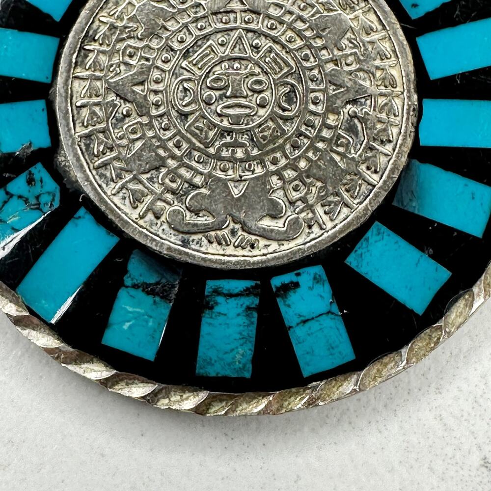 Vintage Mexico Silver Tone Reversible Mayan Calendar Inlay Pendant ✨ - Picture 8 of 13